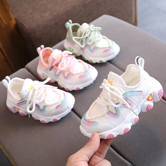 Toddler kids breathable athletic sneakers, blue & white striped, comfortable play shoes for active children
