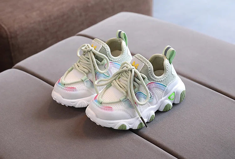Kids breathable athletic sneakers, striped pattern, cushioned insole for all-day toddler comfort