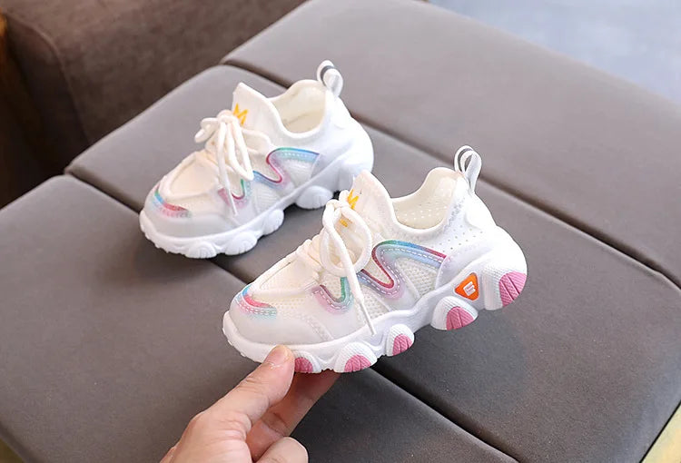 Toddler kids breathable athletic sneakers, front view, secure laces & reinforced toe for durability