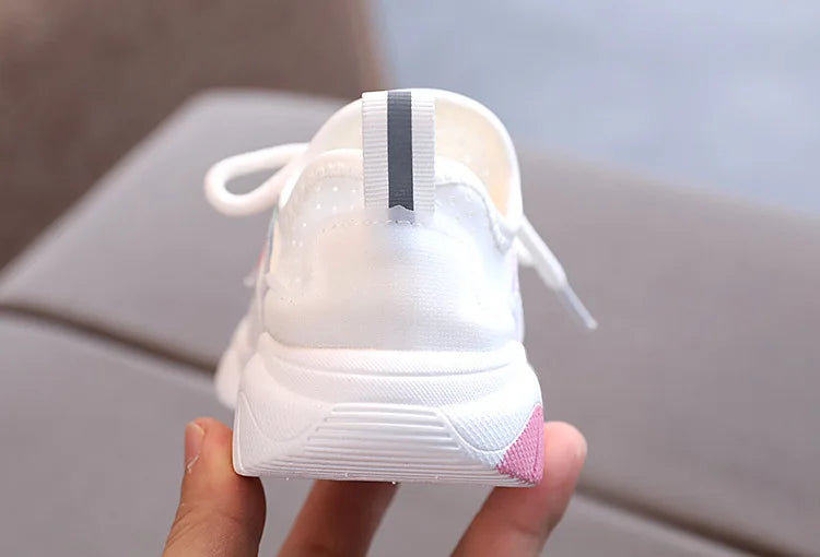 Toddler kids breathable athletic sneakers, side profile, showing flexible sole and striped upper design