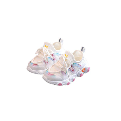 Toddler breathable athletic sneakers from above, showcasing comfy design & vibrant striped pattern