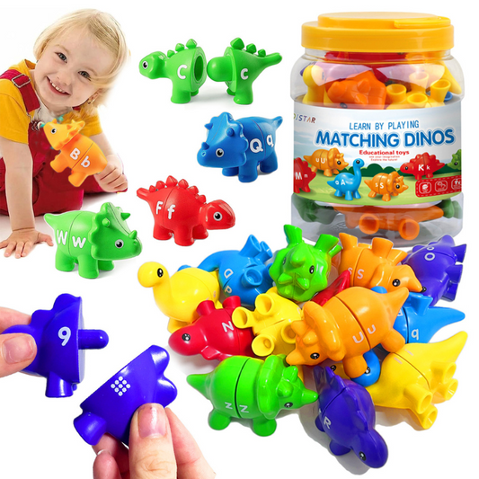 Toddler kids educational matching puzzle game with dinosaur and unicorn shapes, a preschool learning toy.