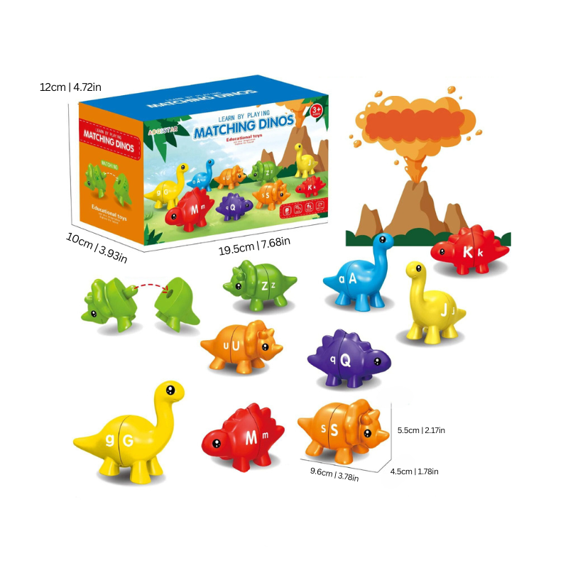 Colorful toddler matching game featuring dinosaur and unicorn pieces, an educational learning toy for preschoolers.