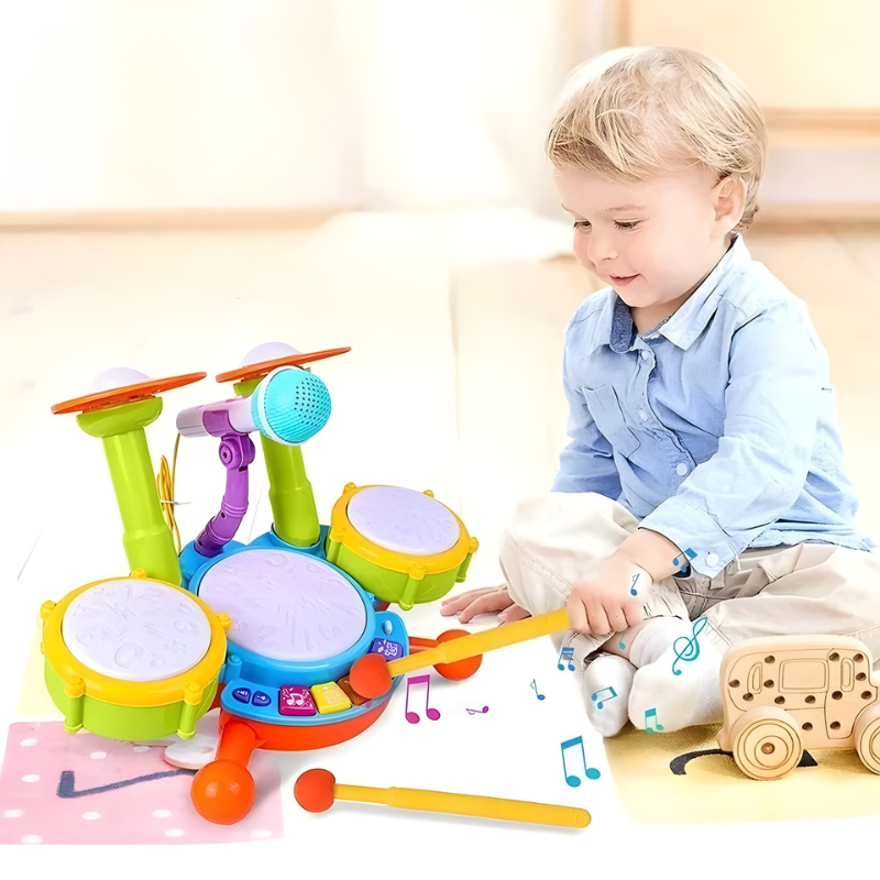 Toddler kids musical drum set toy with microphone, red and blue, for early learning and interactive playtime