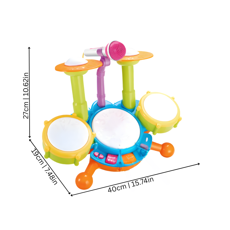 Close-up of a kids drum set, toddler toy, with drumsticks and a microphone for creative musical play