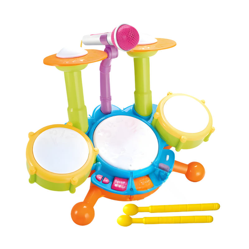 Toddler playing with a bright red and blue musical drum set toy, an educational instrument for kids