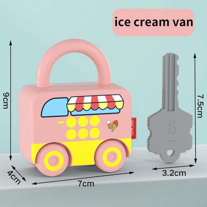 Montessori lock and key car puzzle toy, designed for toddler learning and skill development
