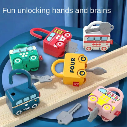Colorful vehicle puzzle for toddlers, learn shapes and locks, an educational Montessori toy