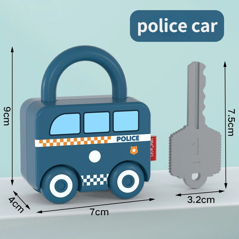 Brightly colored toddler lock and key puzzle car, perfect for Montessori and learning play