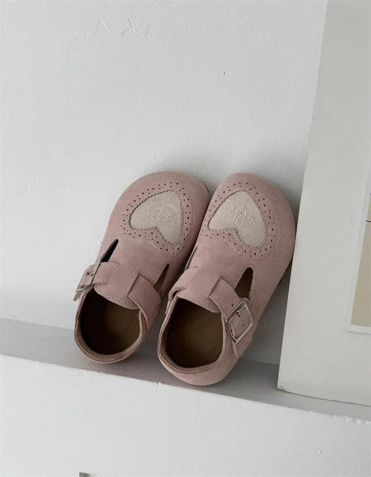 Gray boys and girls leather barefoot shoes with soft soles and easy-on velcro closure.