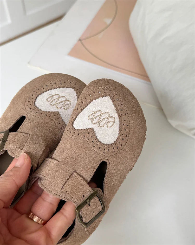 Girl's leather barefoot shoes, purple, with soft soles and convenient velcro fastening.