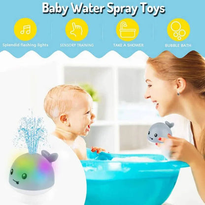 Light-up whale sprinkler bath toy for toddlers, automatic water spray, engaging baby bath fun