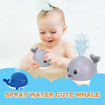 Whale-shaped light-up bath toy, automatic water sprinkling action, sensory fun for baby bath