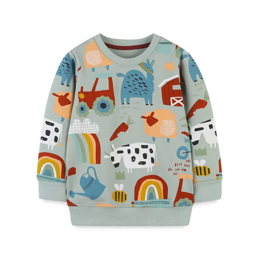 Toddler long sleeve cotton blend sweater with vibrant all-over animal print, perfect for winter wear