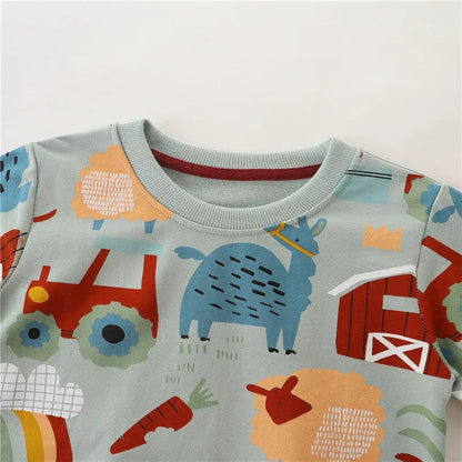 Close-up of a soft cotton blend long sleeve toddler sweater featuring a cute animal print design