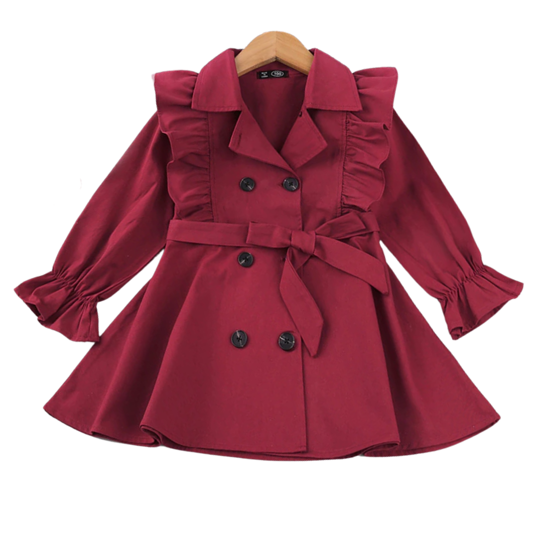 Close-up of a long sleeve kids' trench coat with belt detail, cotton blend fabric