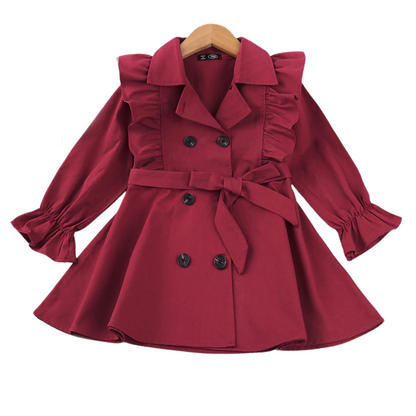 Close-up of a long sleeve kids' trench coat with belt detail, cotton blend fabric
