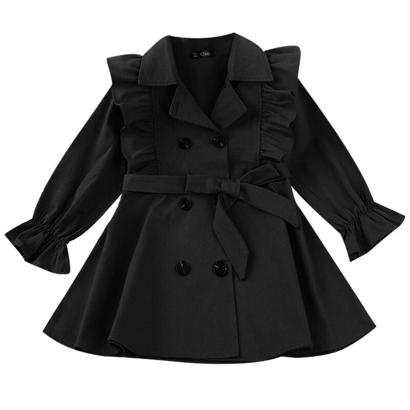 Full view of a child's fashion trench coat, unisex outerwear, suitable for fall/winter