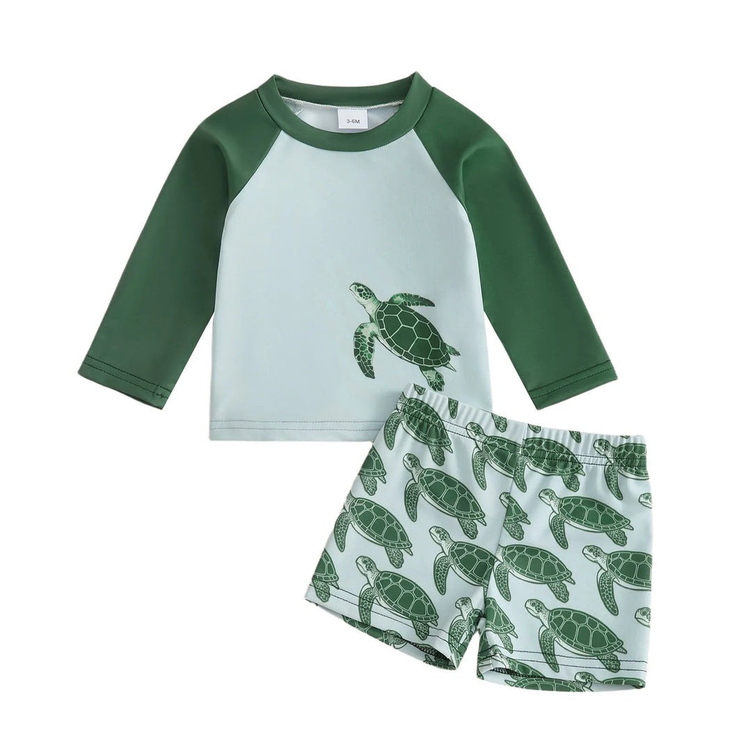 Back view of toddler long-sleeve rash guard swim set, ensuring full UPF 50+ sun protection. Ideal children's swimwear for pool fun.