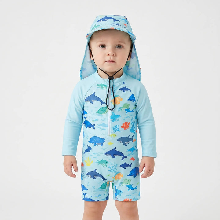 Kids' UV protection long-sleeve swim romper and hat set, perfect for beach or pool summer play.