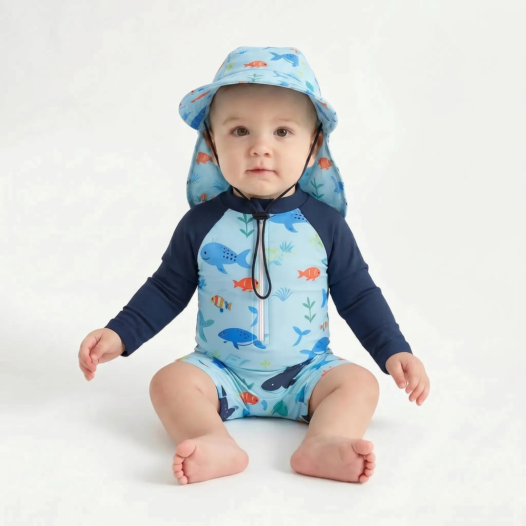 Comfortable toddler long-sleeve UV protection swim romper and hat for safe summer fun at beach or pool.