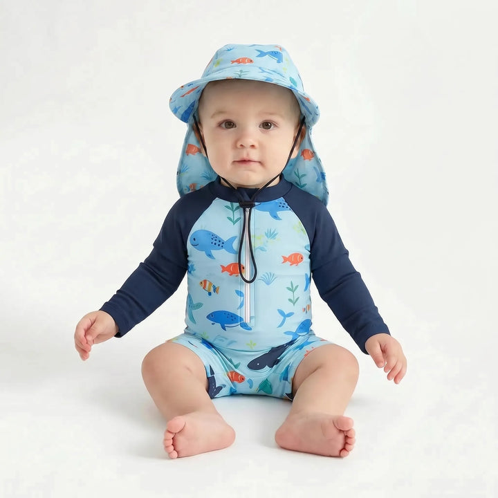 Comfortable toddler long-sleeve UV protection swim romper and hat for safe summer fun at beach or pool.