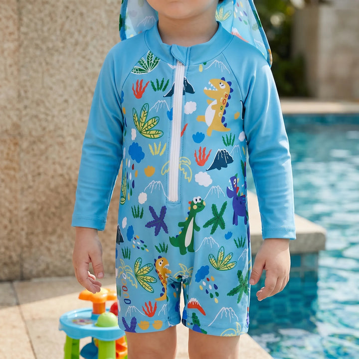 Toddler long-sleeve swim set with sun protection and flap hat for active kids. Perfect for beach or pool play.