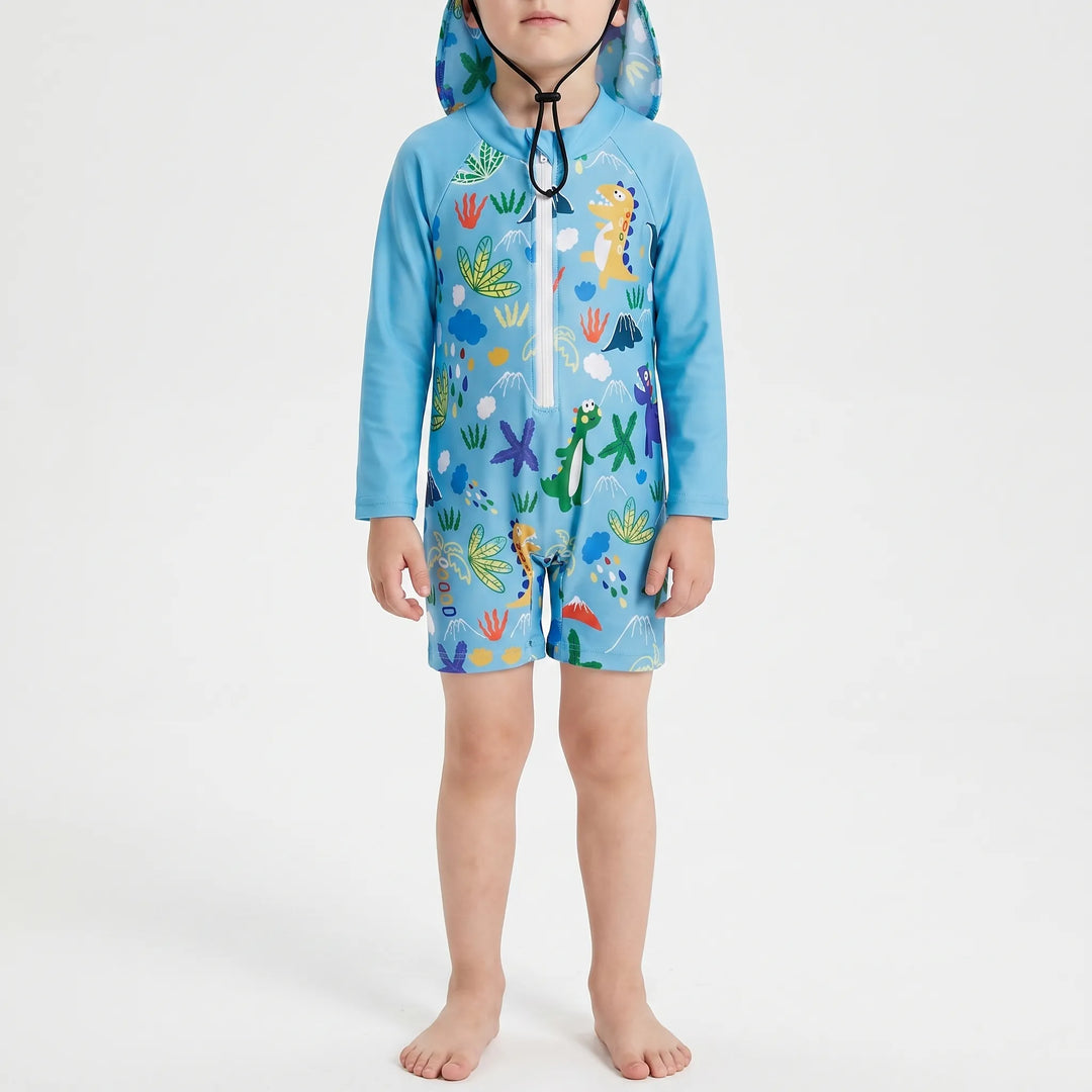 Kids long-sleeve swim set with UPF sun protection & matching flap hat. Ideal baby swimwear for outdoor play.