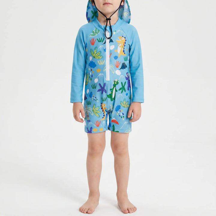Kids long-sleeve swim set with UPF sun protection & matching flap hat. Ideal baby swimwear for outdoor play.
