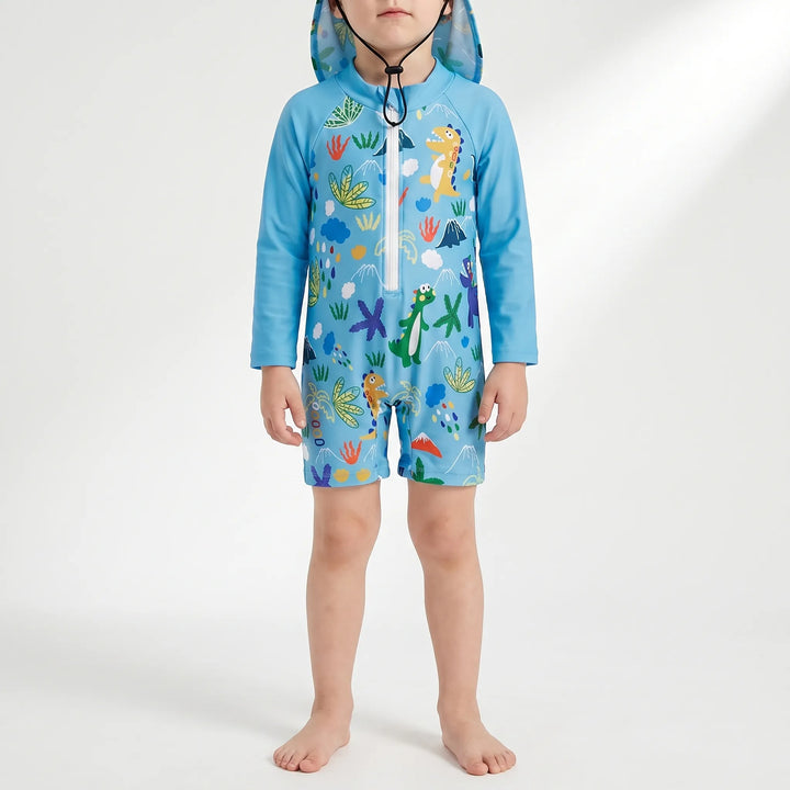 Versatile toddler long-sleeve swim set & sun hat. Essential baby swimsuit or kids' beachwear for boys & girls.