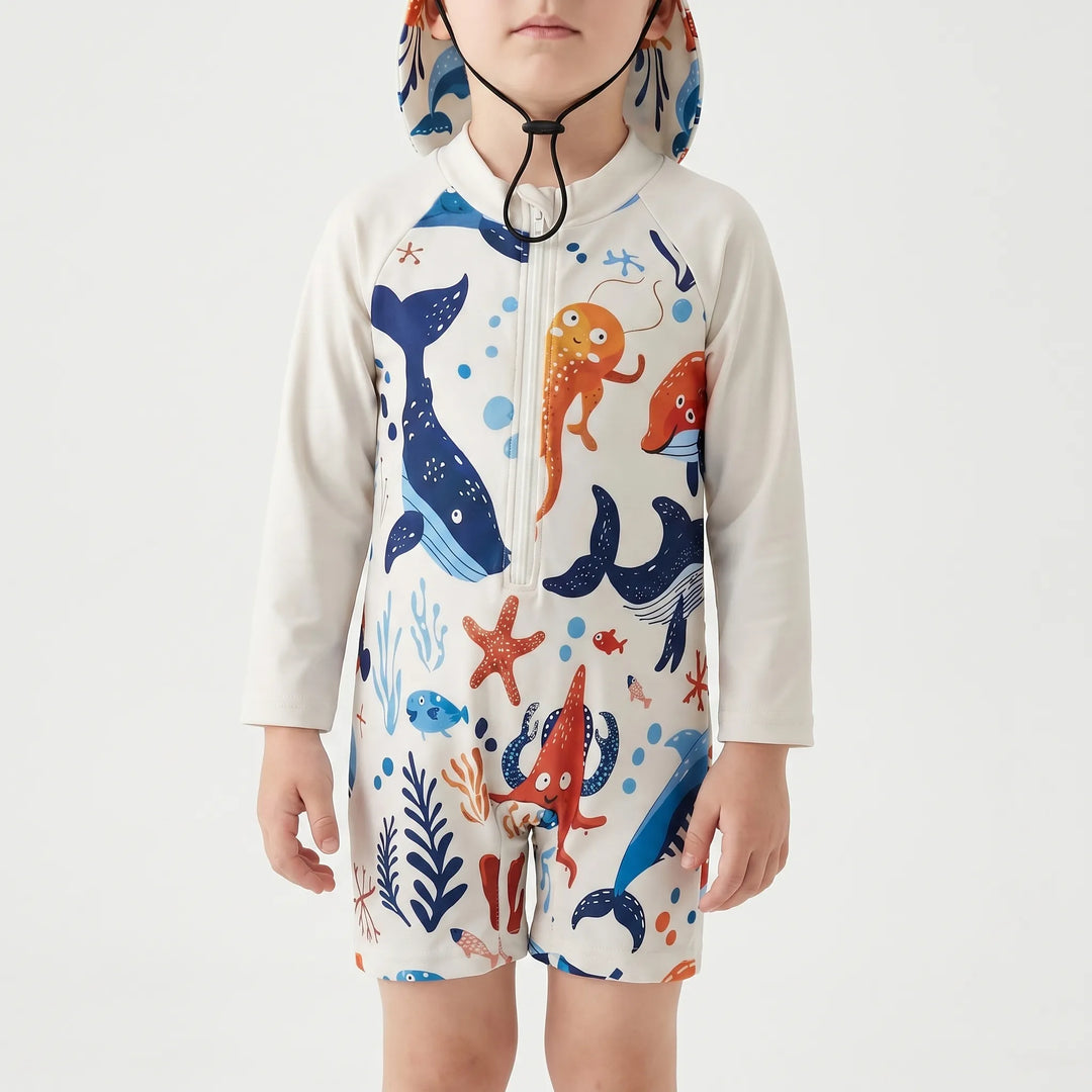 Complete toddler long-sleeve swim set with sun protection hat. Best kids' swimwear for a safe summer outdoors.