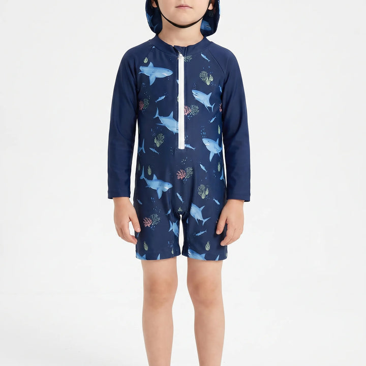 Active toddler's long-sleeve swim set & sun hat. Perfect kids' pool outfit for sun protection & outdoor fun.