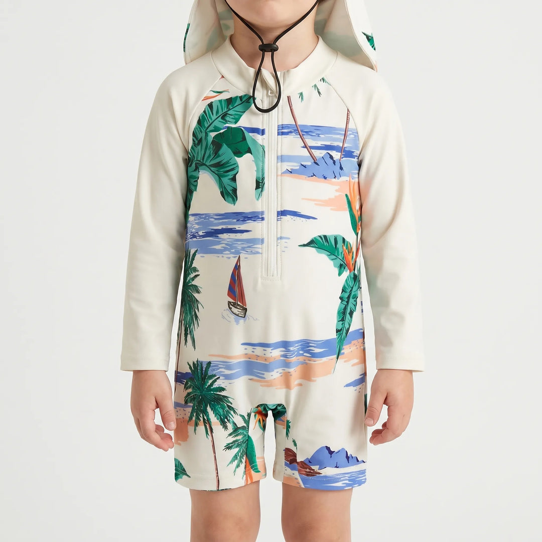 Stylish long-sleeve toddler swimwear set with a sun protection flap hat for active baby beach adventures.