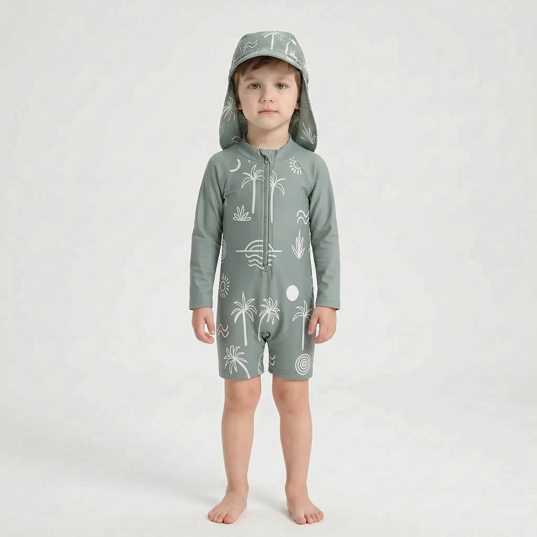 Infant & toddler long-sleeve swimwear set with protective hat, perfect for poolside fun & beach days.