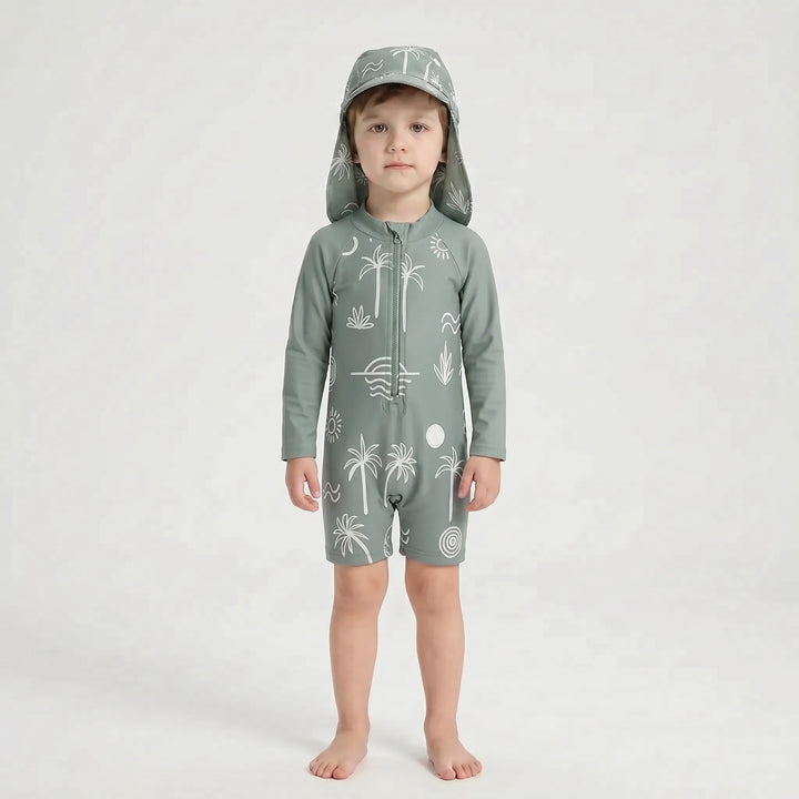 Infant & toddler long-sleeve swimwear set with protective hat, perfect for poolside fun & beach days.