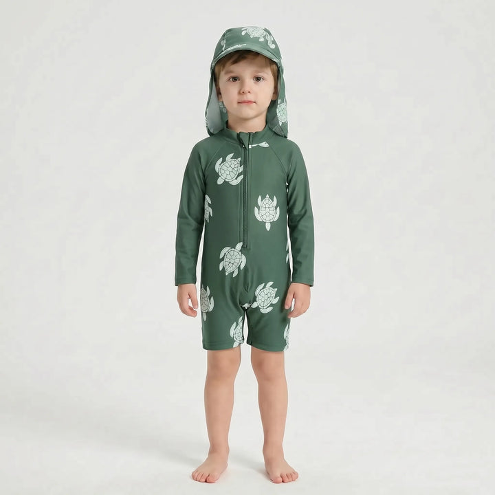One-piece long-sleeve toddler swimsuit with sun protection, includes matching swim hat for kids' beachwear.
