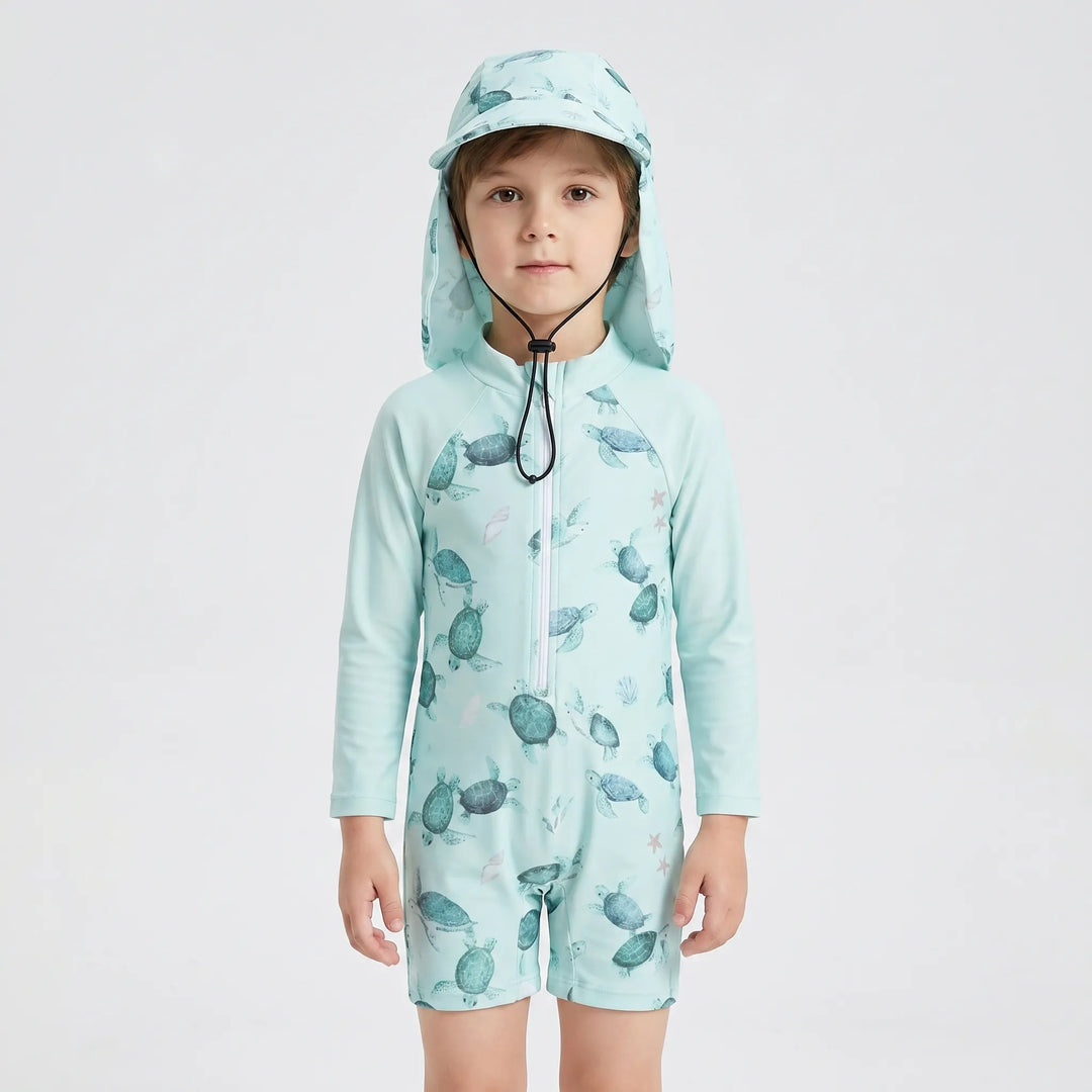 Baby long-sleeve swimsuit set with hat provides UPF 50+ sun protection for toddlers at the beach or pool.