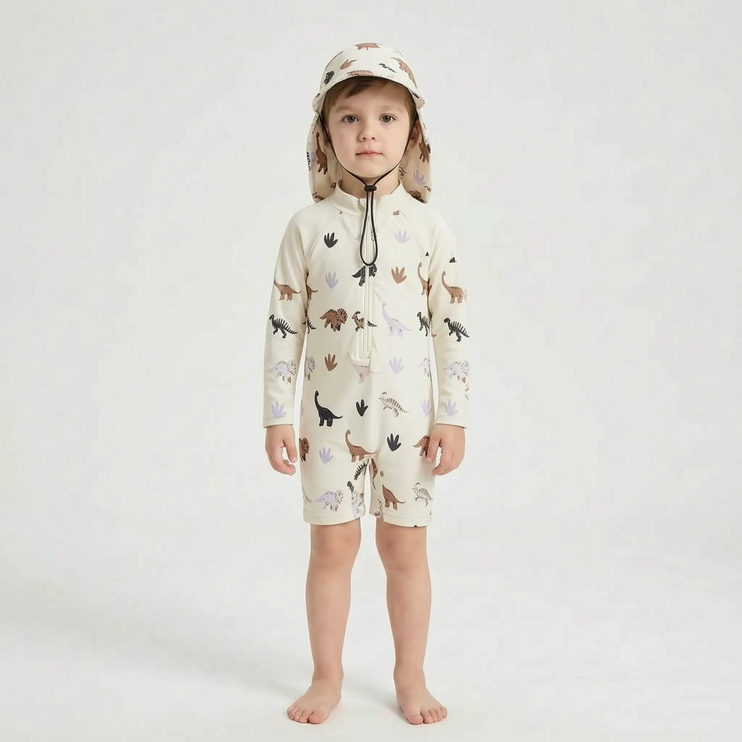 Close-up of a toddler's long-sleeve sun protection swimsuit, highlighting fabric and durable design.