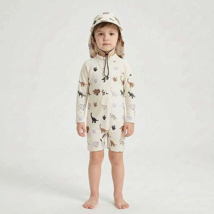 Close-up of a toddler's long-sleeve sun protection swimsuit, highlighting fabric and durable design.