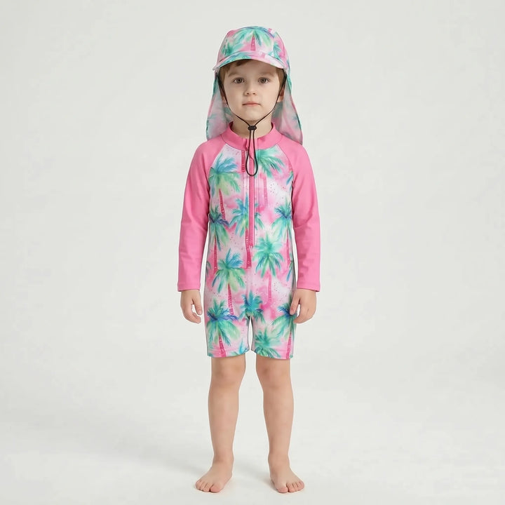 Detail shot of the toddler's sun protection swim hat, complementing the long-sleeve swimwear set.