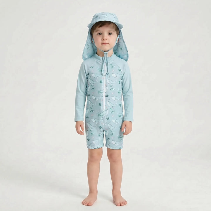 Child's long-sleeve UPF 50+ sun protective swimsuit & hat, ideal for water play & beach exploration.