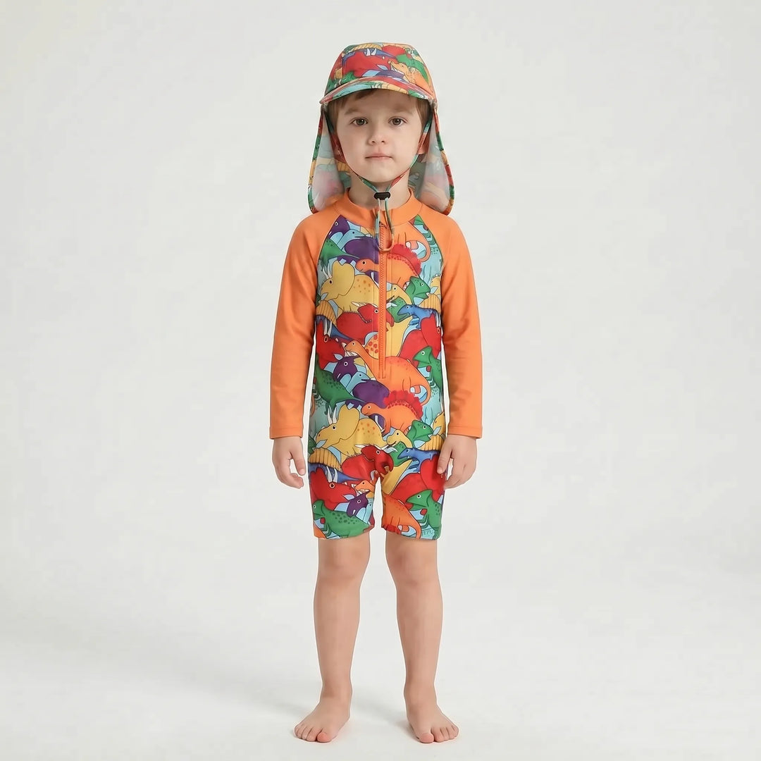 Vibrant toddler long-sleeve swimsuit & sun hat for maximum sun safety during summer water activities.