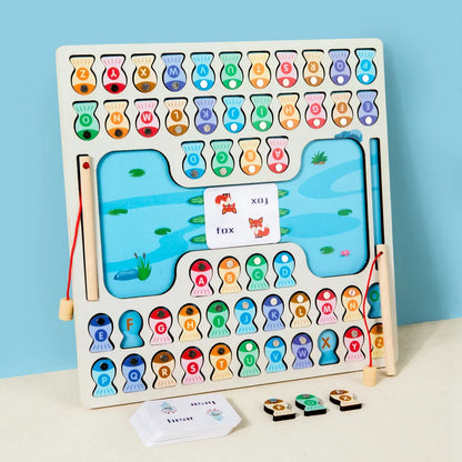 Toddler magnetic ABC fishing game, educational toy for kids learning letters and fine motor skills.