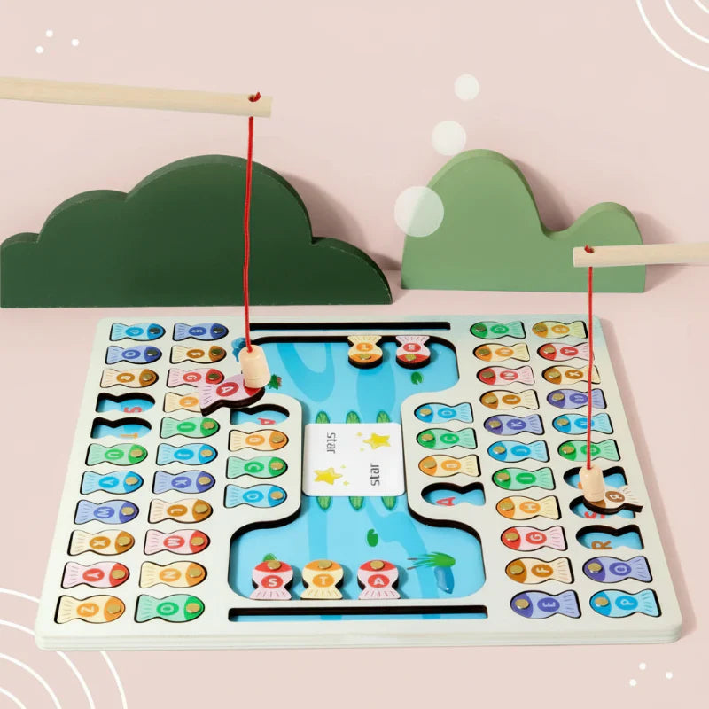 Wooden magnetic fishing game, ABC learning activity for toddlers to develop counting and motor skills.