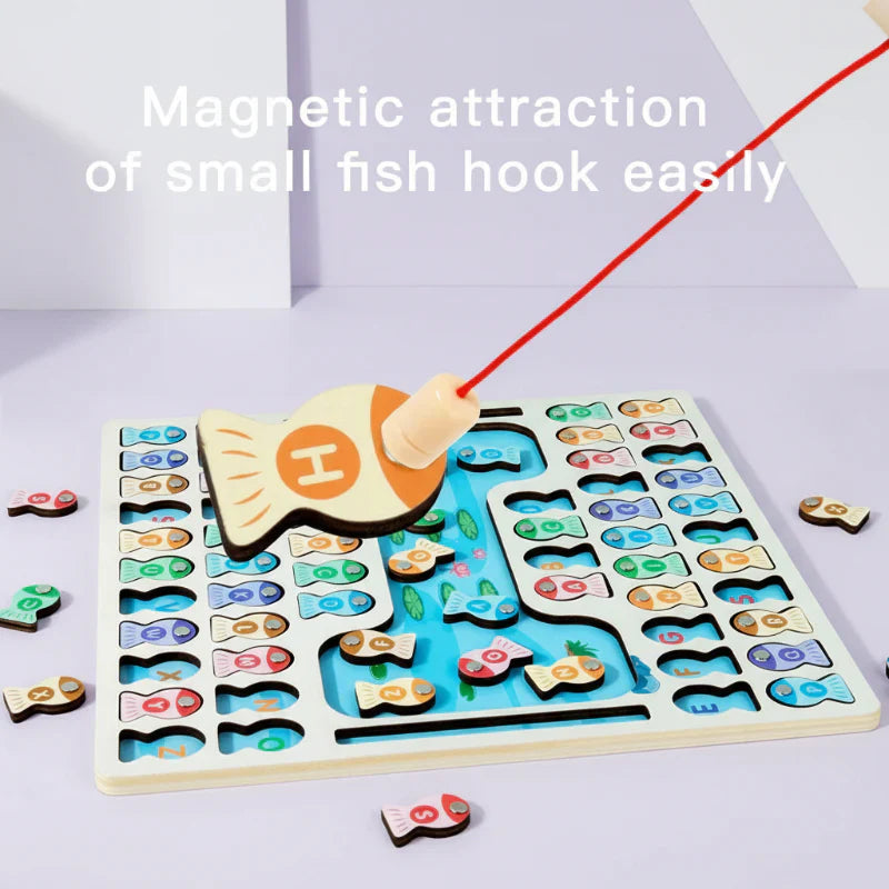Toddler playing magnetic fishing game, learning ABCs and improving fine motor skills with wooden pieces.