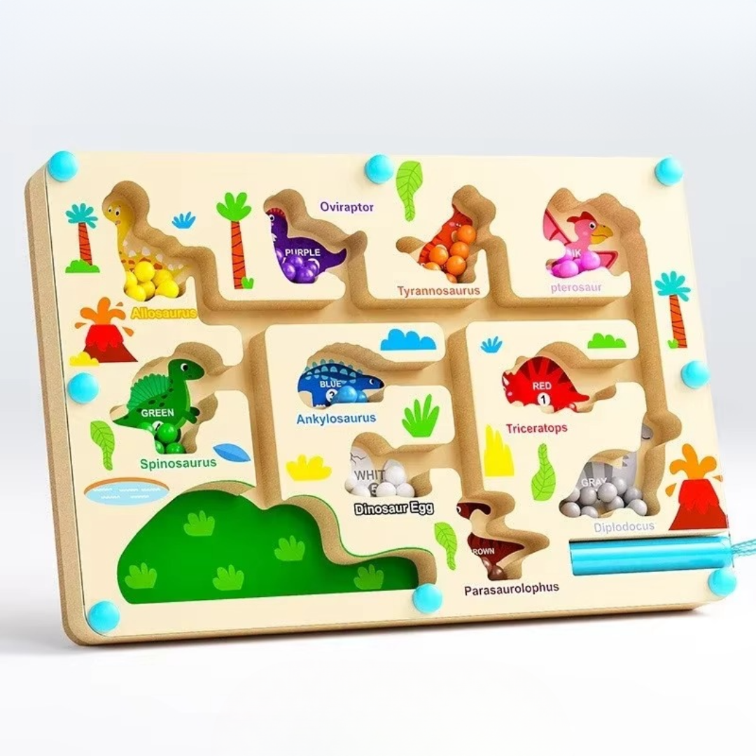 Wooden magnetic maze puzzle game for kids, featuring animal characters & a transparent acrylic top