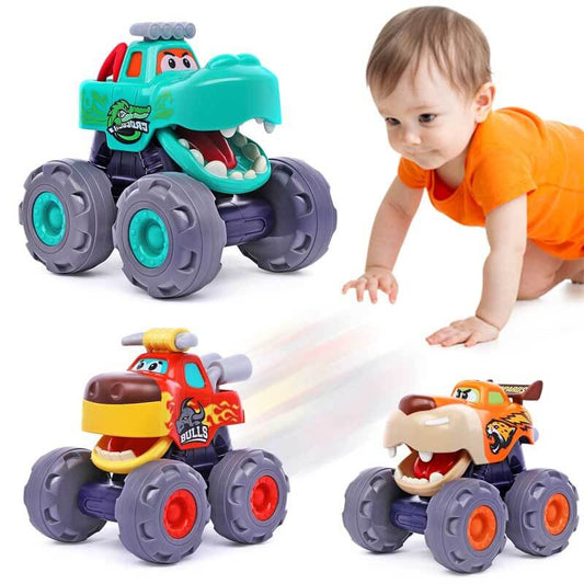 Toddler monster truck toy with green dinosaur design, pull-back action for kids' play