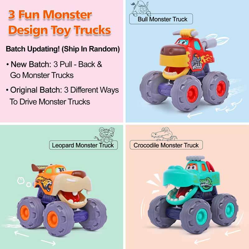 Blue elephant monster truck toy for toddlers, pull back and go for developmental play