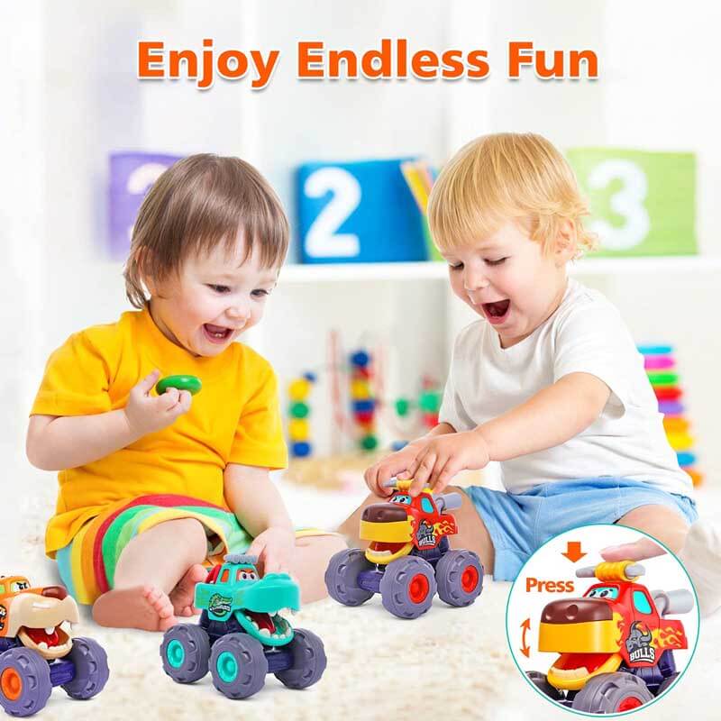 Set of four animal monster truck toys including lion, dino, shark, elephant for toddlers