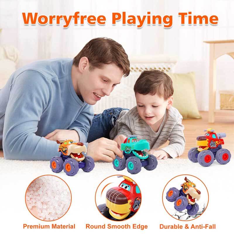 Child playing with a pull-back animal monster truck toy on a wooden floor
